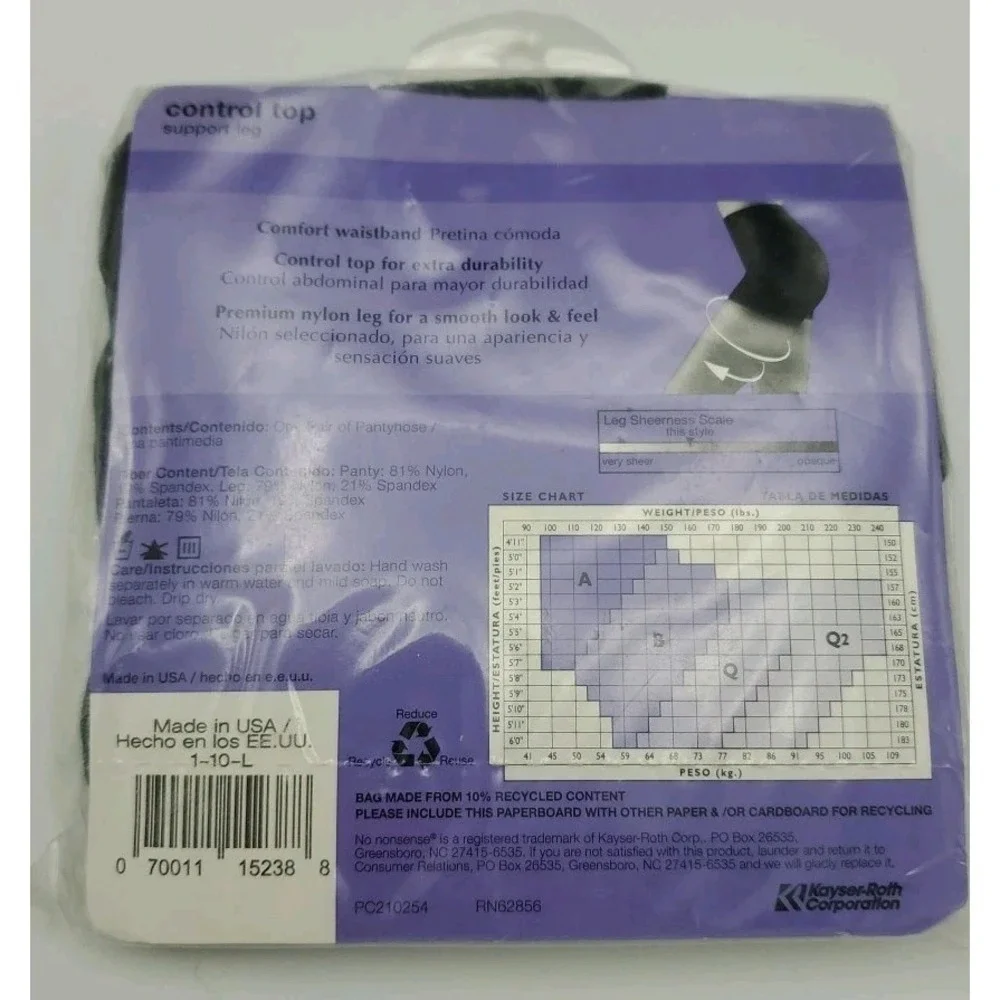 No Nonsense Support‎ Leg Pantyhose Control Top Sheer Toe Off Black Sz B USA Made
